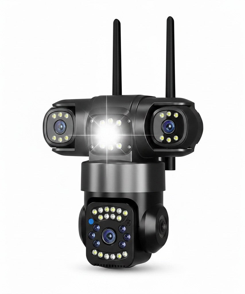Cámara de seguridad exterior Castor UP con triple lente, conectividad 4G, focos LED y visión nocturna a color.