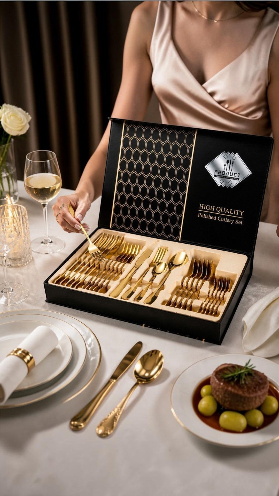 Juego de cubiertos Castor UP de 24 piezas en acero inoxidable dorado pulido presentado en elegante caja de regalo