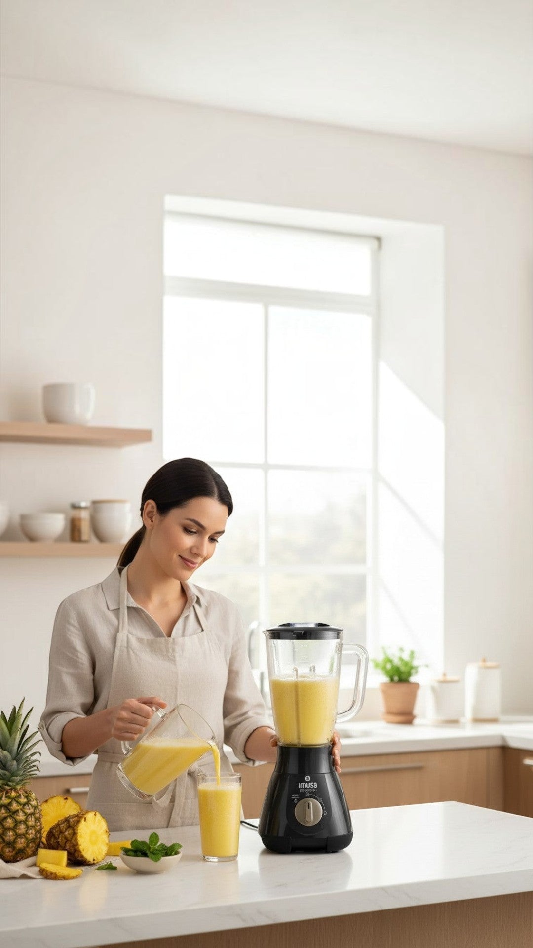 Mujer usando licuadora negra Castor UP IMUSA PowerMix para servir jugo de piña en una cocina luminosa y moderna