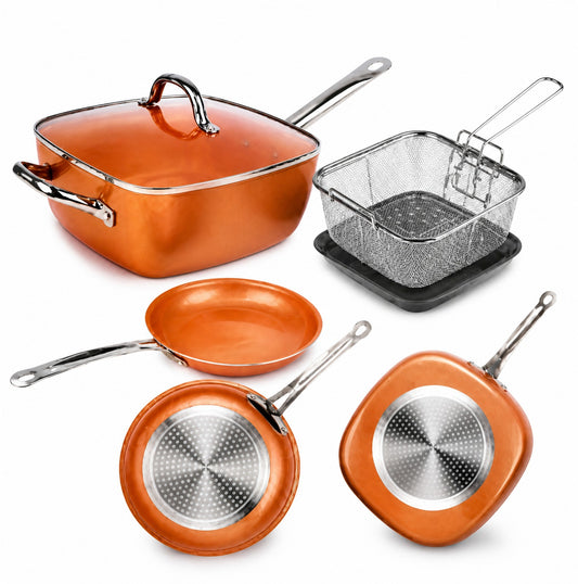 Set de cocina Castor UP Copper Chef de 5 piezas en color cobre, incluye sartenes, olla cuadrada y canastilla freidora.