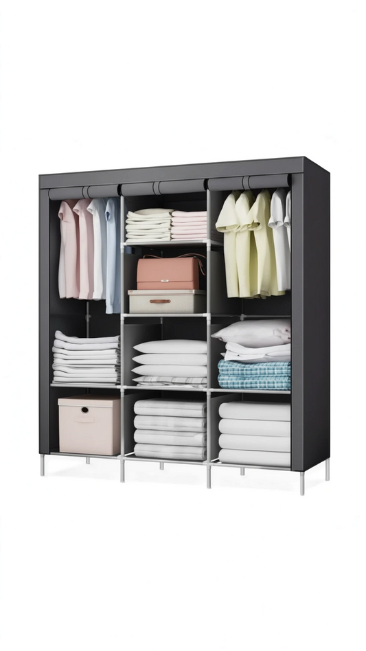 Armario organizador portátil Castor UP de tela gris oscuro con múltiples estantes y barras para colgar ropa.