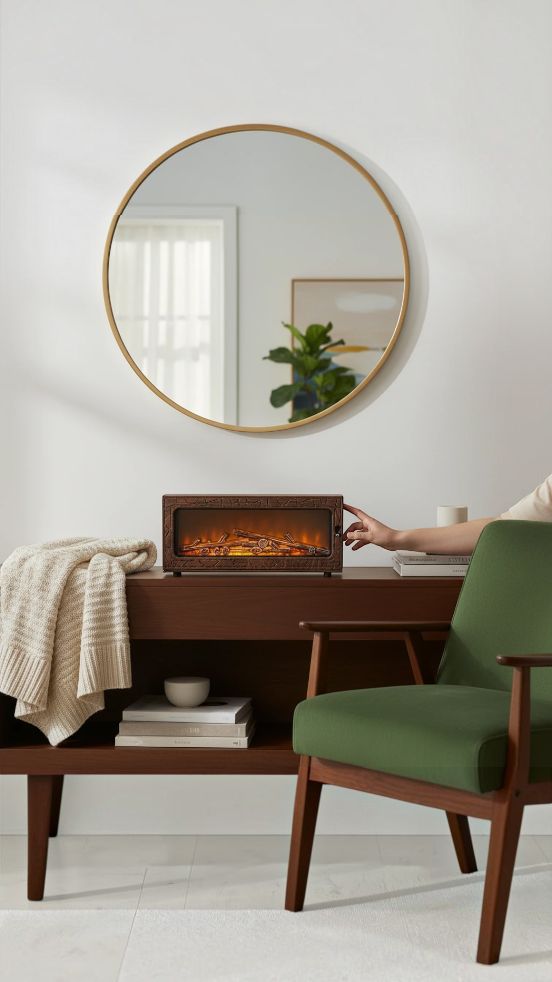 Difusor de aroma Castor UP con diseño de chimenea realista y efecto de llama sobre mueble de madera en salón moderno