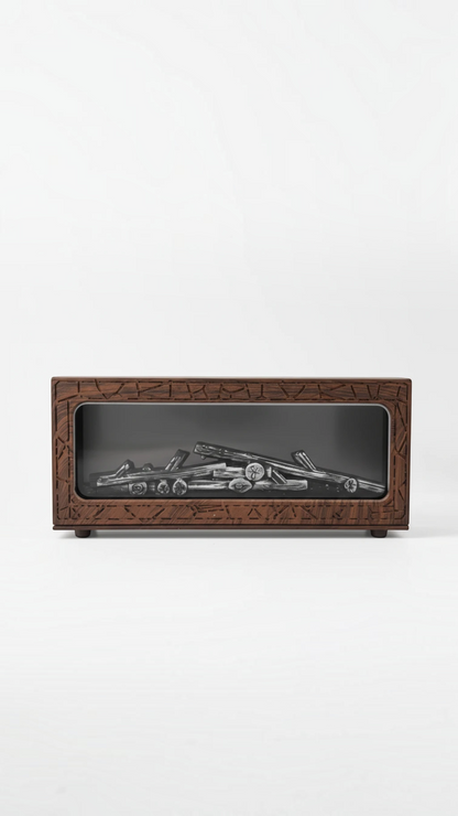 Difusor de aroma Castor UP con diseño de chimenea y acabado en madera texturizada sobre fondo blanco