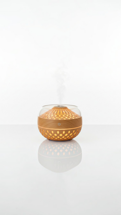 Difusor de aroma Castor UP con diseño zen de madera, luz cálida integrada y vapor frío ultrasónico sobre fondo blanco.