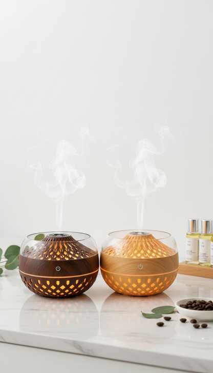 Dos difusores de aroma Castor UP con acabado de madera clara y oscura, diseño zen calado e iluminación cálida.