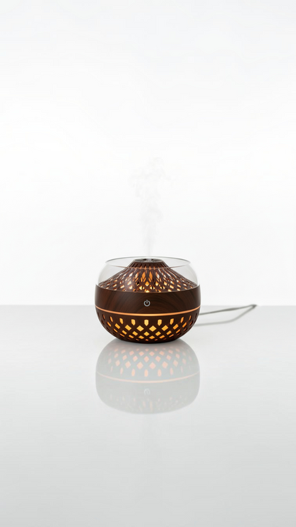 Difusor de aroma Castor UP con diseño zen de madera oscura, luz cálida integrada y vapor frío ultrasónico