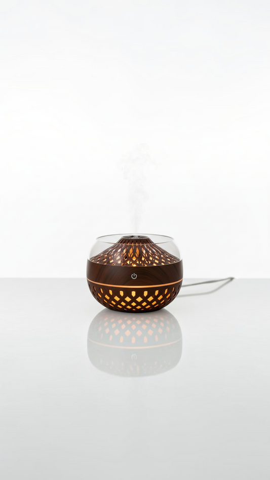Difusor de aroma Castor UP con diseño zen de madera oscura, luz cálida integrada y vapor frío ultrasónico