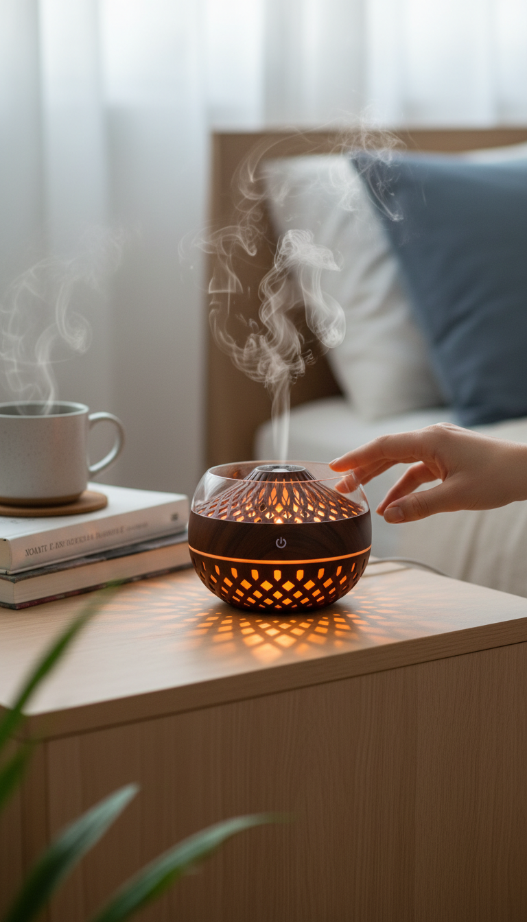 Difusor de aroma Castor UP con diseño zen de madera oscura, luz cálida y vapor frío sobre una mesa de noche.