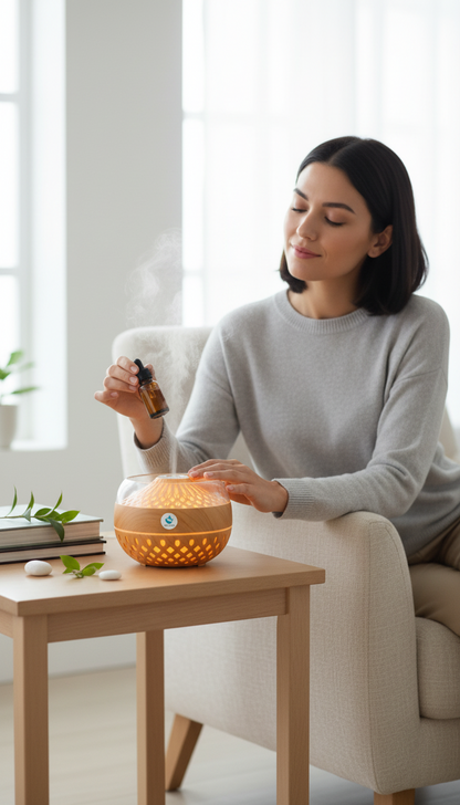 Mujer añadiendo aceites esenciales a un difusor de aroma Castor UP con diseño de madera y luz cálida en un salón