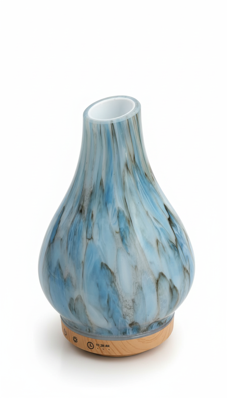 Difusor de aceites esenciales Castor UP de vidrio soplado azul y blanco con base de madera natural
