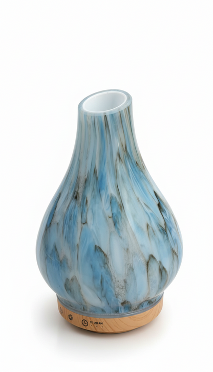 Difusor de aceites esenciales Castor UP de vidrio soplado azul y blanco con base de madera natural