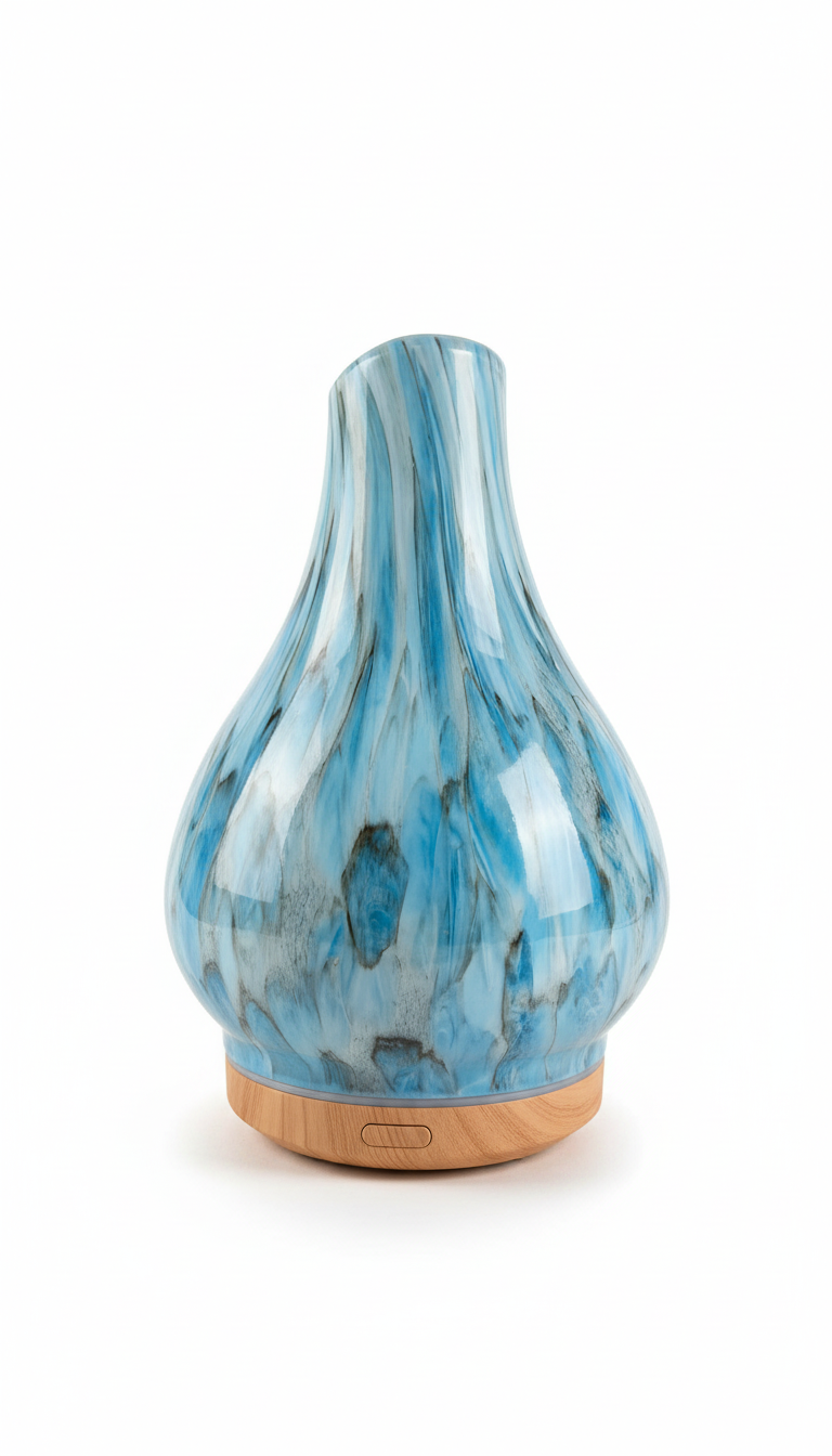 Difusor de aceites esenciales Castor UP de vidrio soplado azul y blanco con base de madera natural