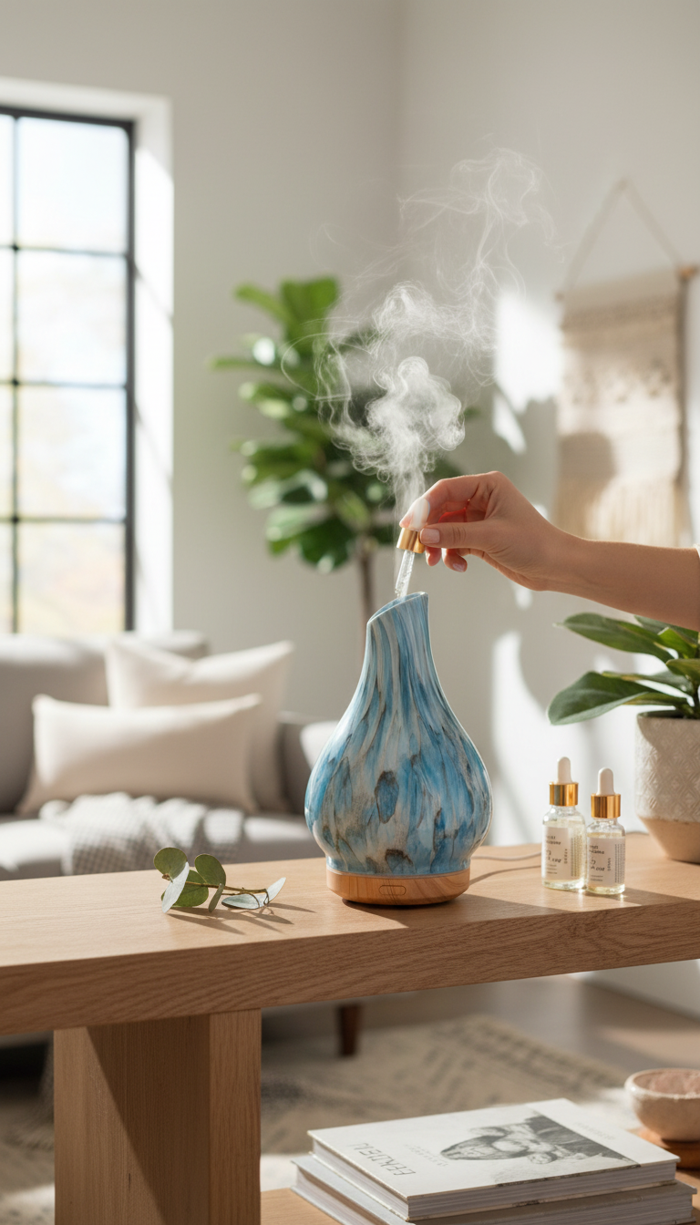 Difusor de aceites esenciales Castor UP de vidrio soplado azul y blanco con base de madera sobre mesa de salón
