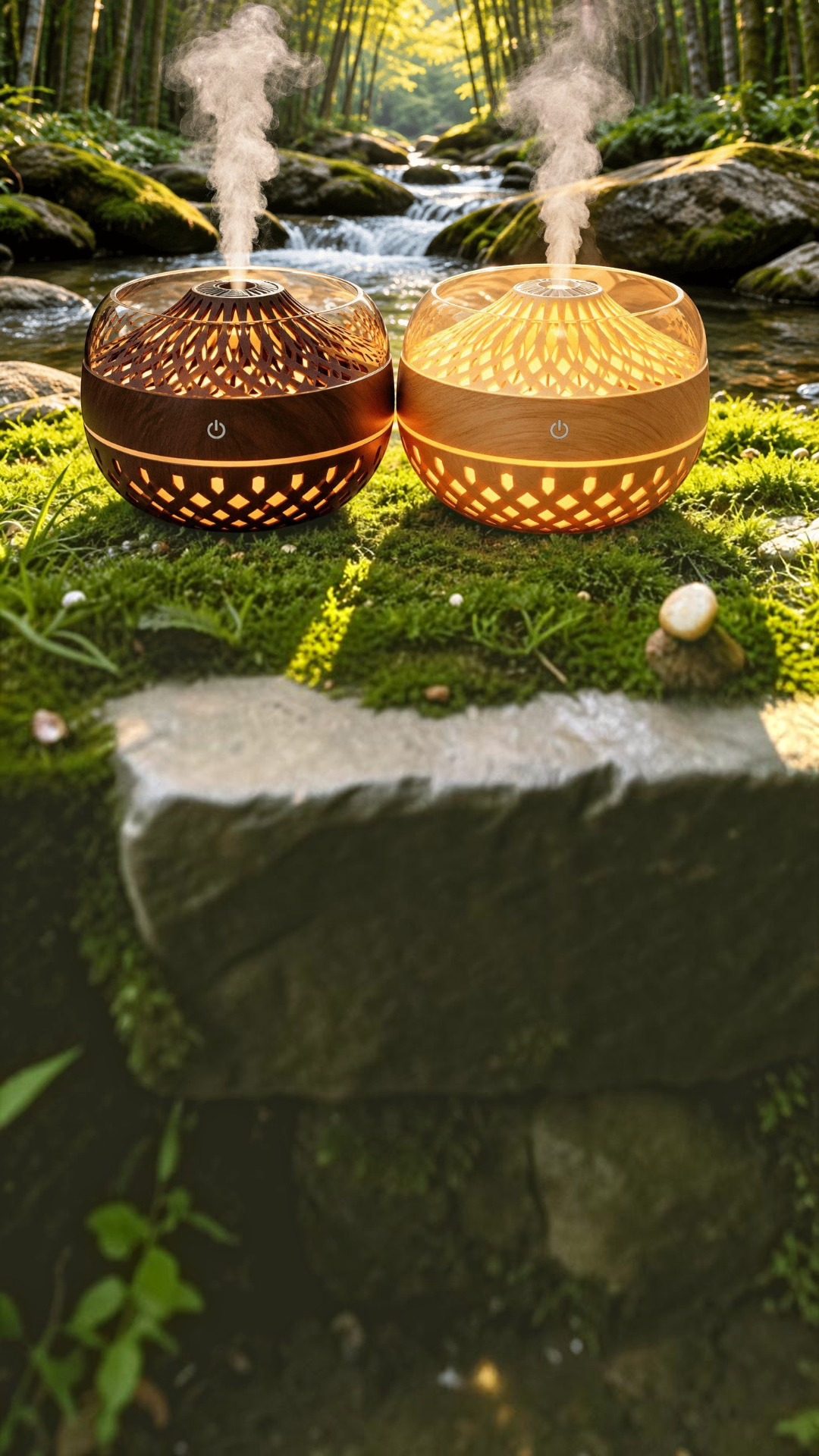 Dos difusores de aroma Castor UP con diseño zen de madera, emitiendo vapor sobre una roca cubierta de musgo en un bosque.
