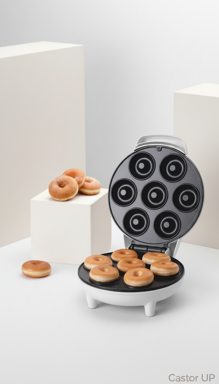 Máquina eléctrica para 7 mini donas Castor UP de color blanco con placas antiadherentes y donas recién horneadas.