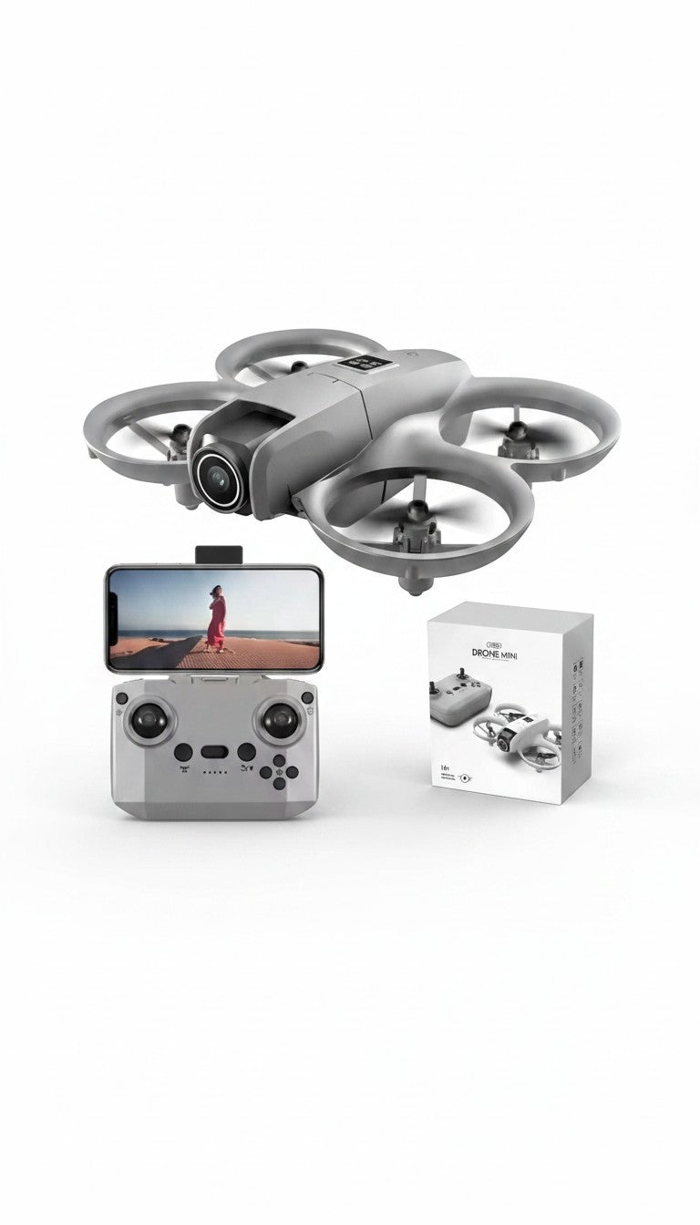 Dron Castor UP gris con cámara de alta resolución, mando ergonómico para smartphone y caja de embalaje original.