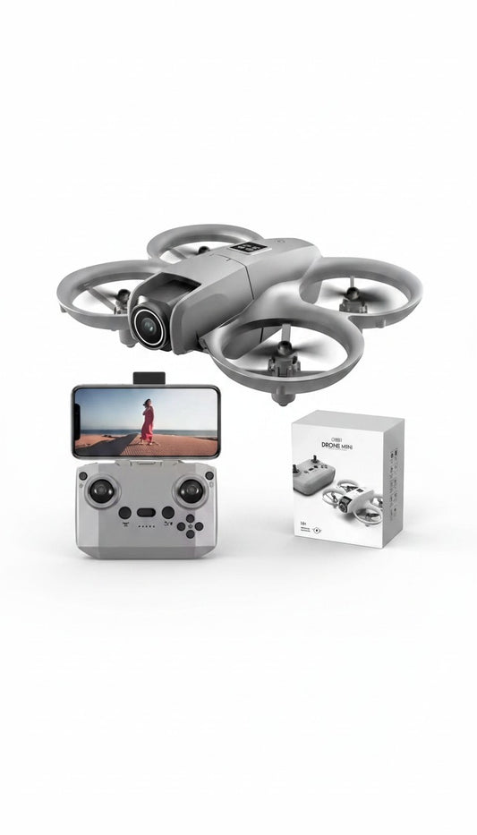 Dron Castor UP gris con cámara de alta resolución, mando ergonómico para smartphone y caja de embalaje original.