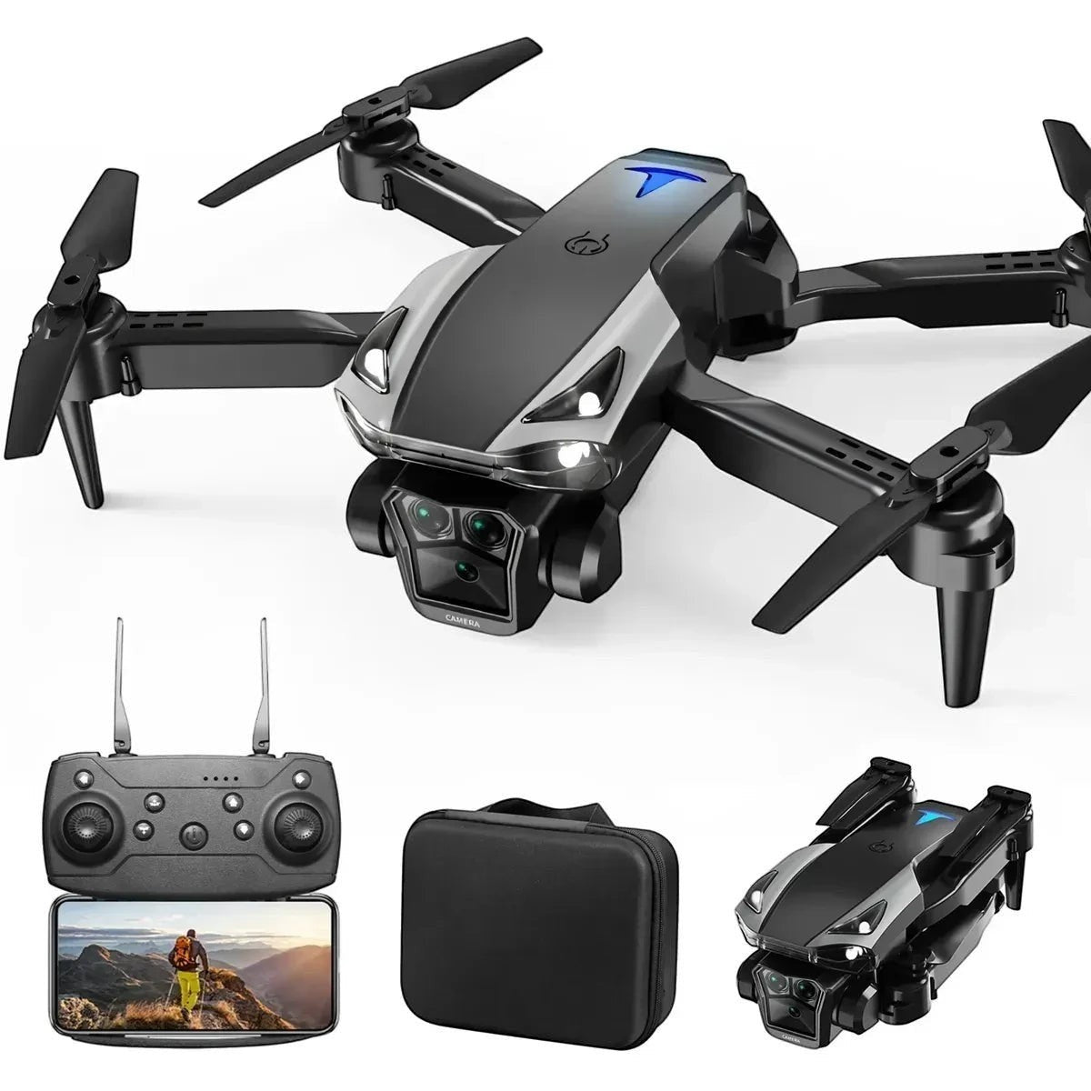 Dron plegable Castor UP negro y plateado con cámara de alta resolución, control remoto y estuche de transporte.