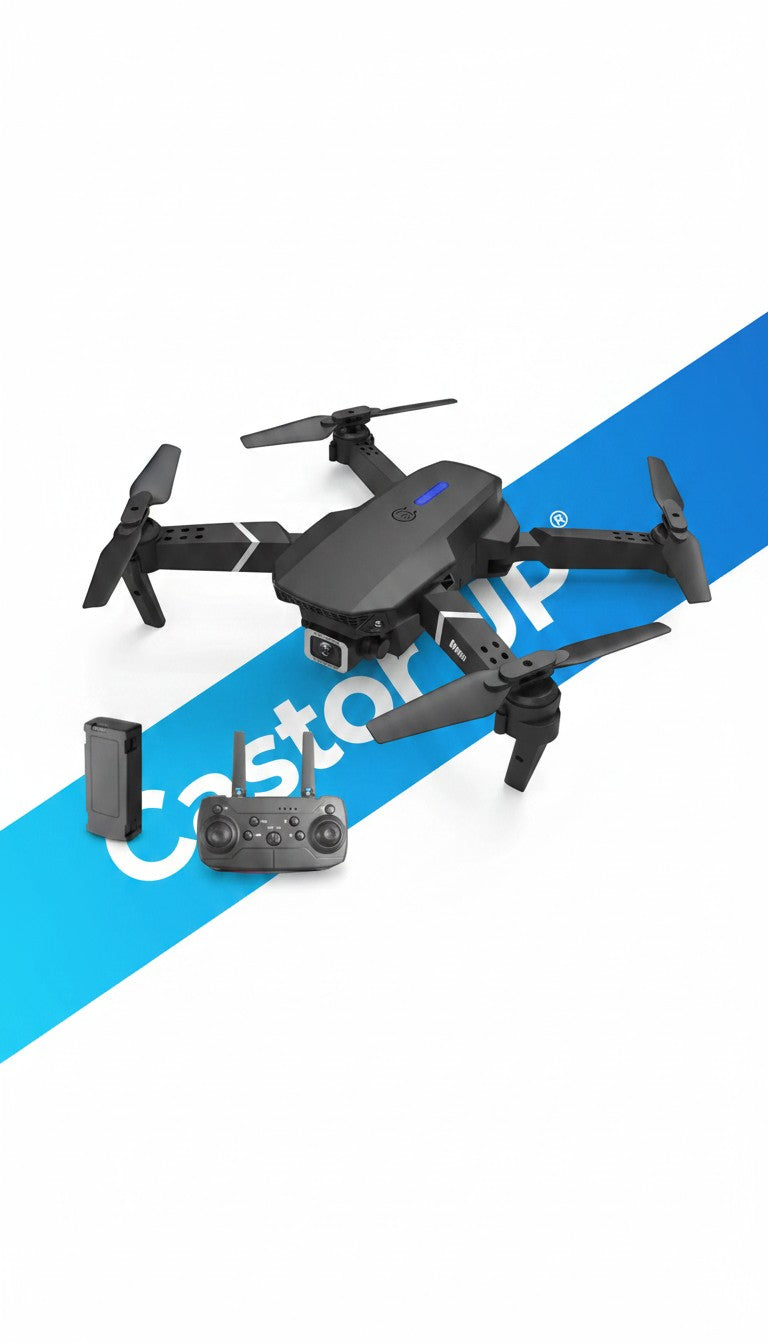 Dron plegable Castor UP E88 de color negro con cámara HD, mando a distancia y batería, ideal para principiantes.