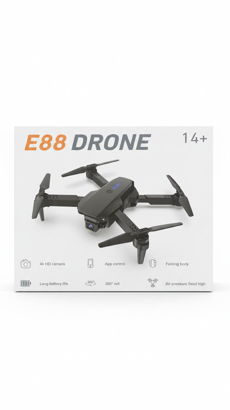 Dron plegable Castor UP E88 de color negro con cámara HD en su caja de presentación con iconos de funciones