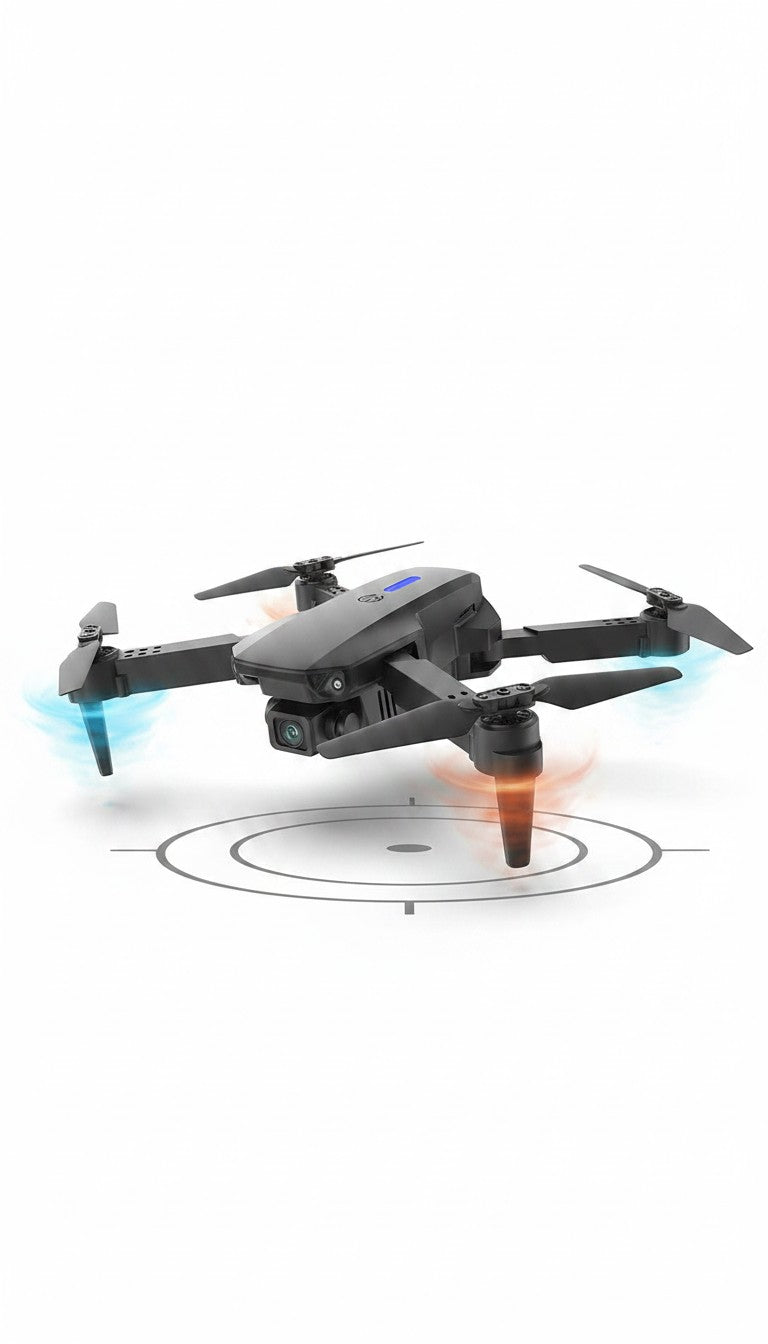 Dron plegable Castor UP E88 de color negro con cámara HD, diseño compacto y hélices en movimiento para principiantes.
