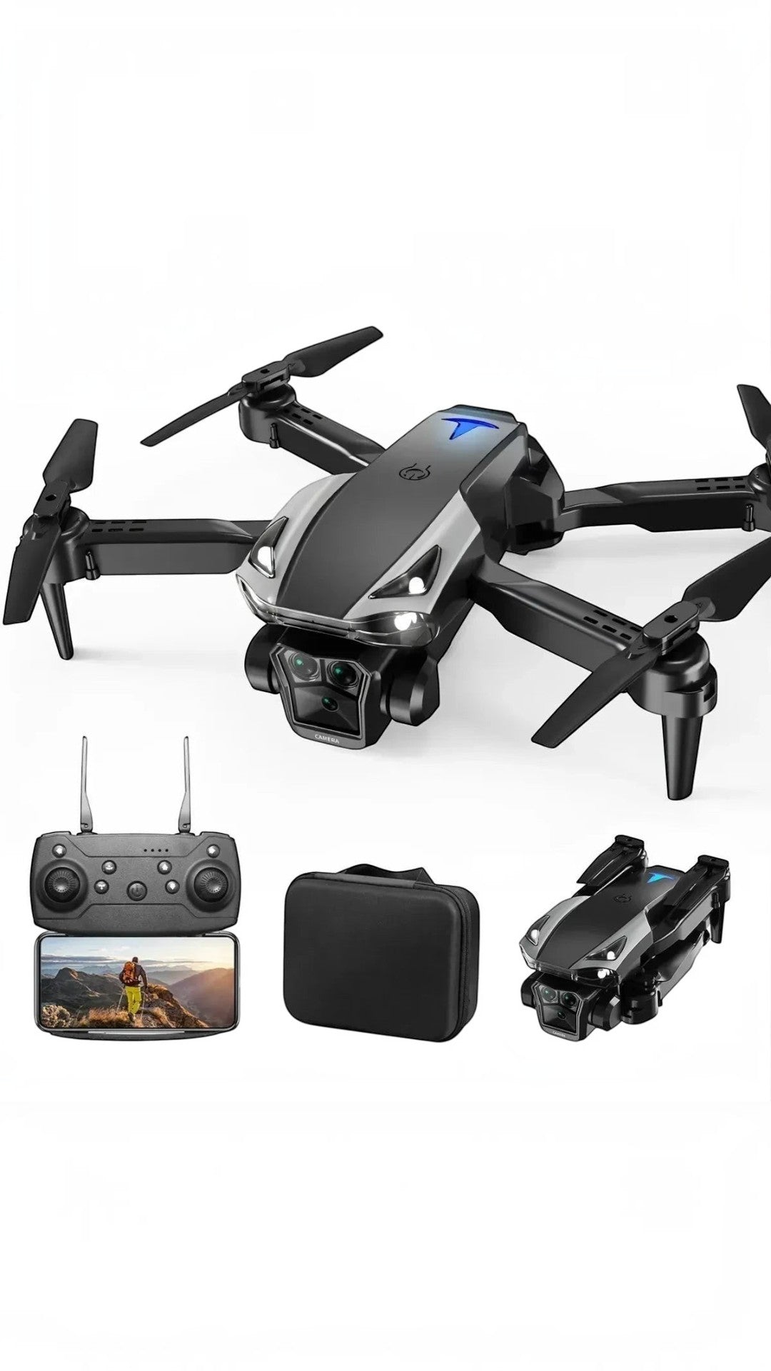 Drone Castor UP ECO H18 plegable con cámara dual HD, luces LED, control remoto y estuche de transporte negro