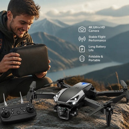 Drone plegable Castor UP ECO H18 con cámara dual HD, luces LED y control remoto en un entorno de montaña.