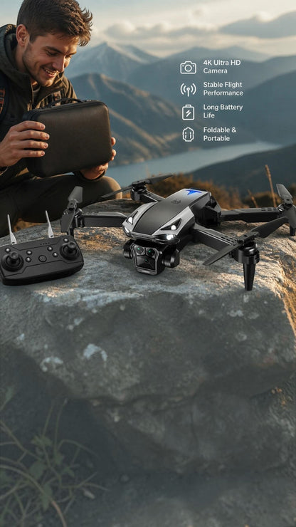 Drone plegable Castor UP ECO H18 con cámara dual HD, control remoto y estuche, sobre una roca en paisaje montañoso.