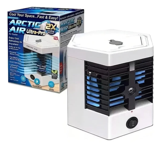 Enfriador de aire personal Castor UP Arctic Air Ultra-Pro blanco y compacto con rejilla ajustable y caja de producto