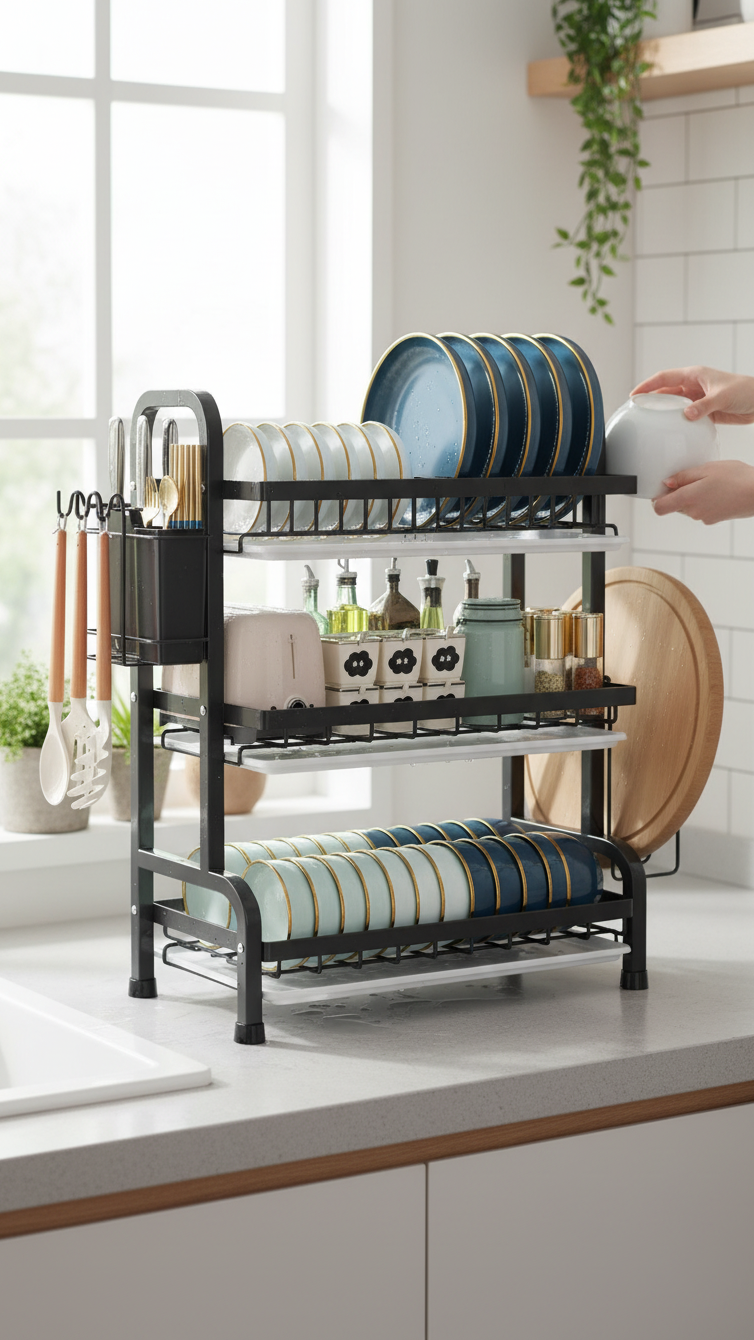 Escurridor de platos Castor UP de tres niveles en color negro mate con bandejas de drenaje y accesorios laterales