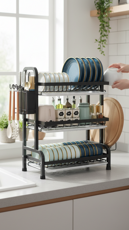 Escurridor de platos Castor UP de tres niveles en color negro mate con bandejas de drenaje y accesorios laterales