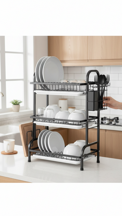 Escurridor de platos Castor UP de tres niveles en metal negro mate con bandejas de drenaje blancas sobre encimera