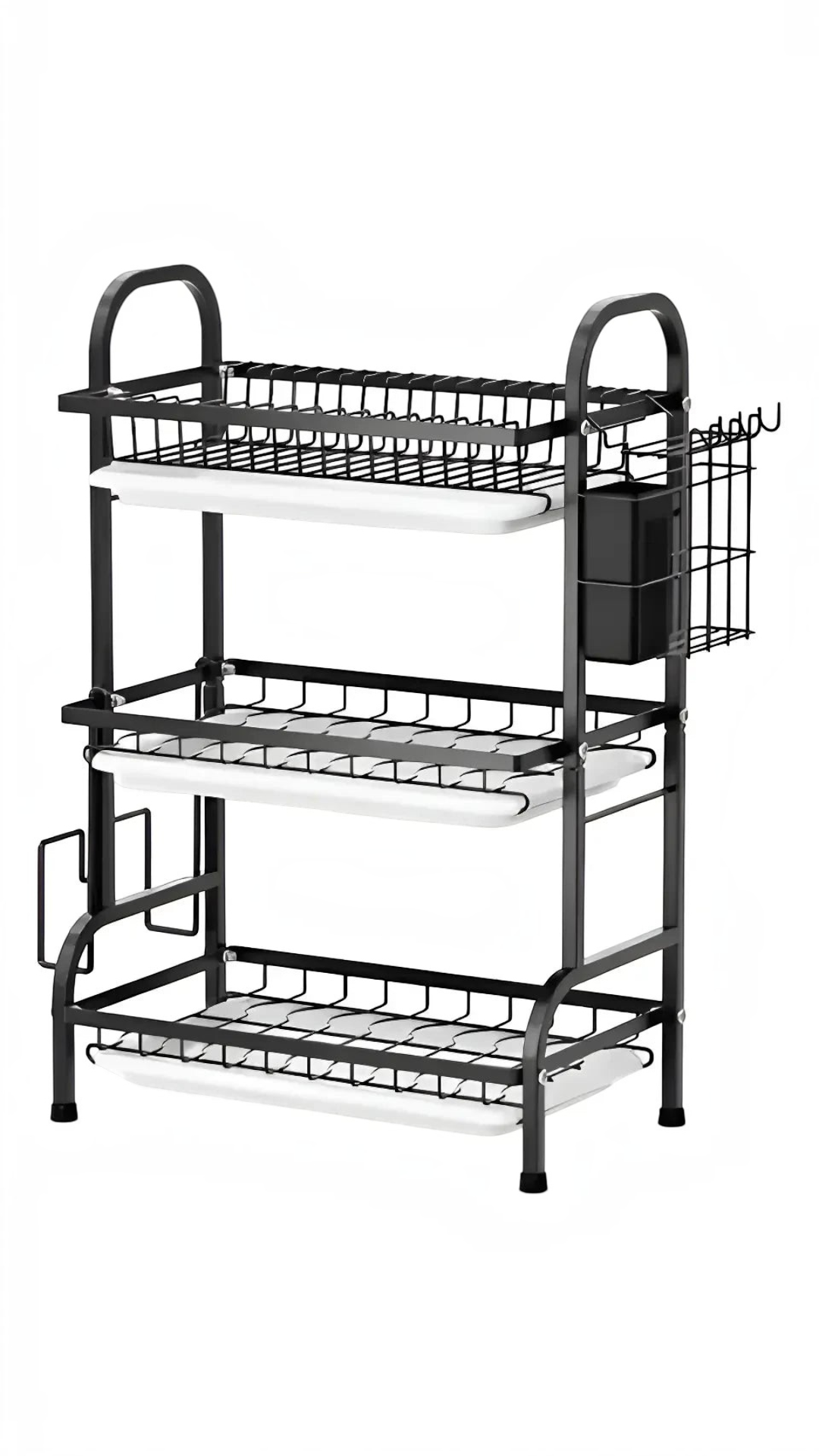 Escurridor de platos Castor UP de tres niveles en color negro mate con bandejas de drenaje y organizador de cubiertos