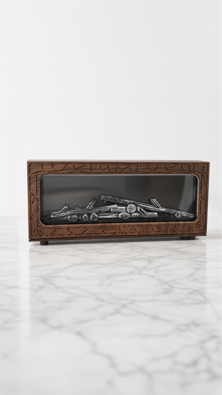 Humidificador Castor UP con diseño de chimenea y acabado en madera oscura sobre superficie de mármol blanco.