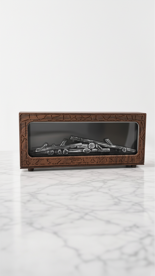 Humidificador Castor UP con diseño de chimenea y acabado en madera oscura sobre superficie de mármol blanco.