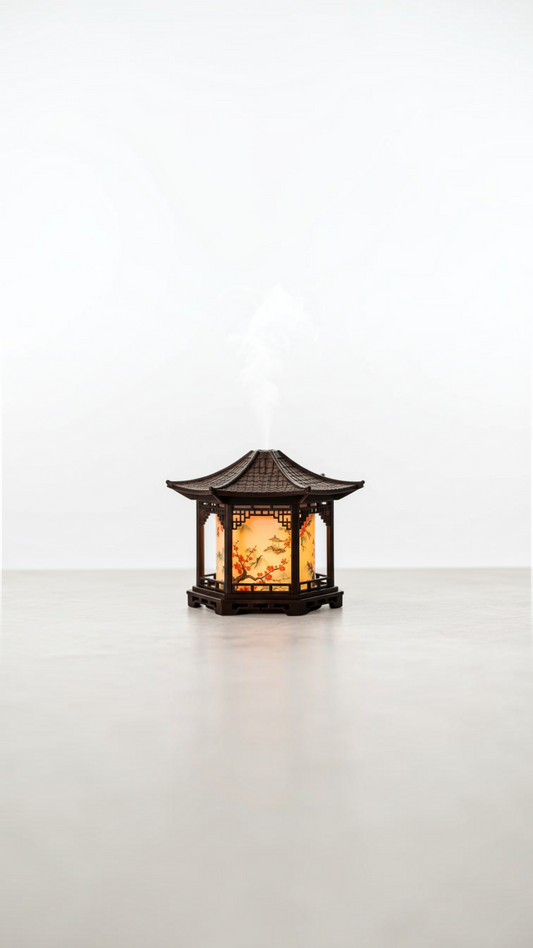 Humidificador Castor UP con diseño de pagoda tradicional, luz cálida y motivos florales sobre fondo blanco