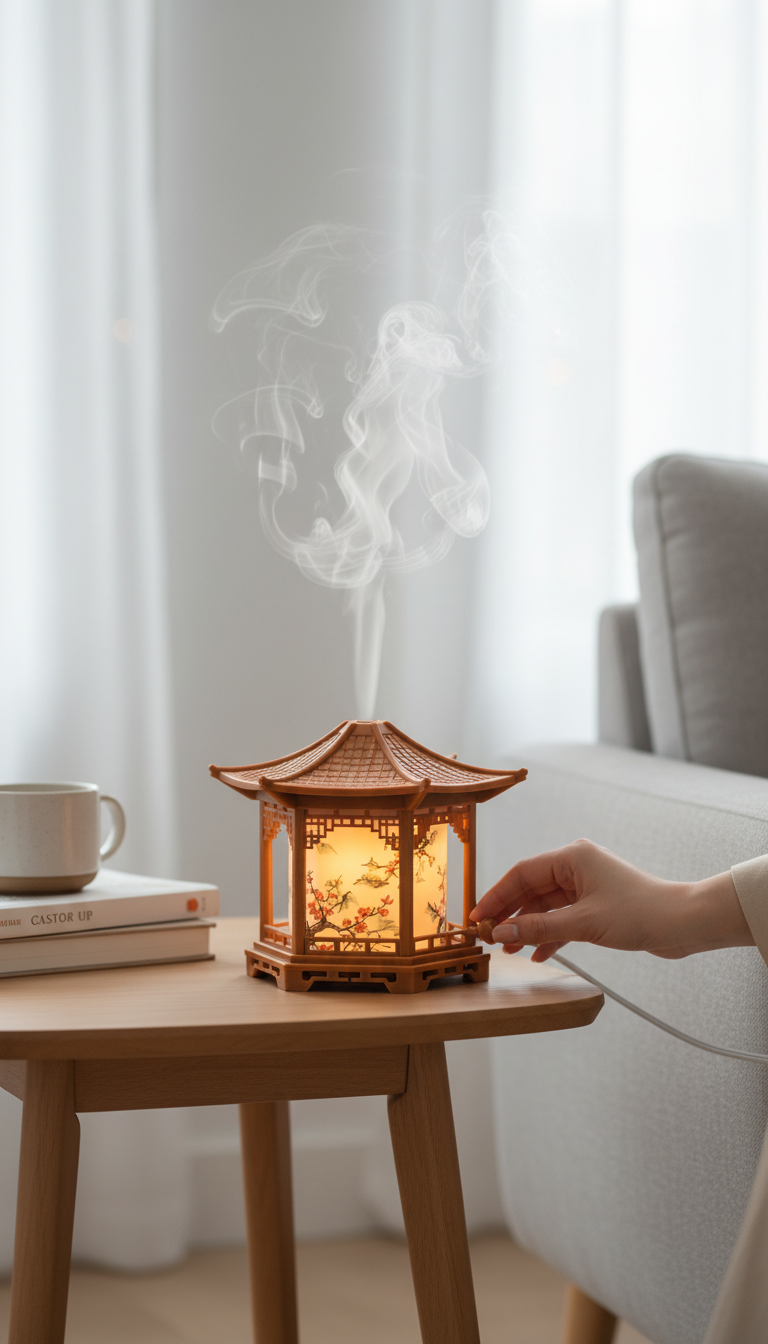 Humidificador Castor UP con diseño de pagoda tradicional, luz cálida y motivos florales sobre una mesa de madera.