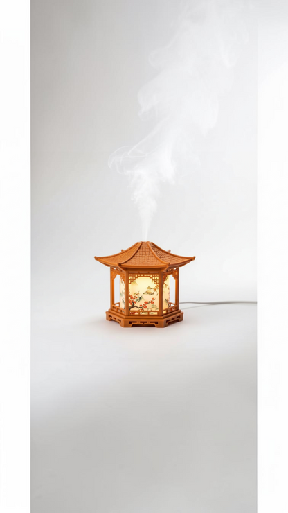 Humidificador Castor UP con diseño de pagoda tradicional, luz cálida y bruma fina sobre fondo blanco.