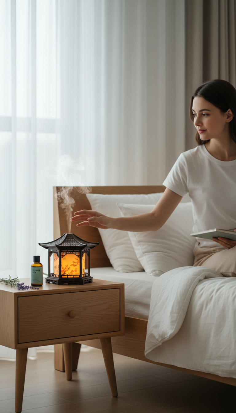 Humidificador Castor UP con diseño de pagoda tradicional y luz cálida sobre una mesita de noche junto a una mujer