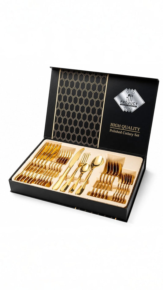 Juego de cubiertos Castor UP de 24 piezas en acero inoxidable dorado pulido dentro de una elegante caja de regalo negra