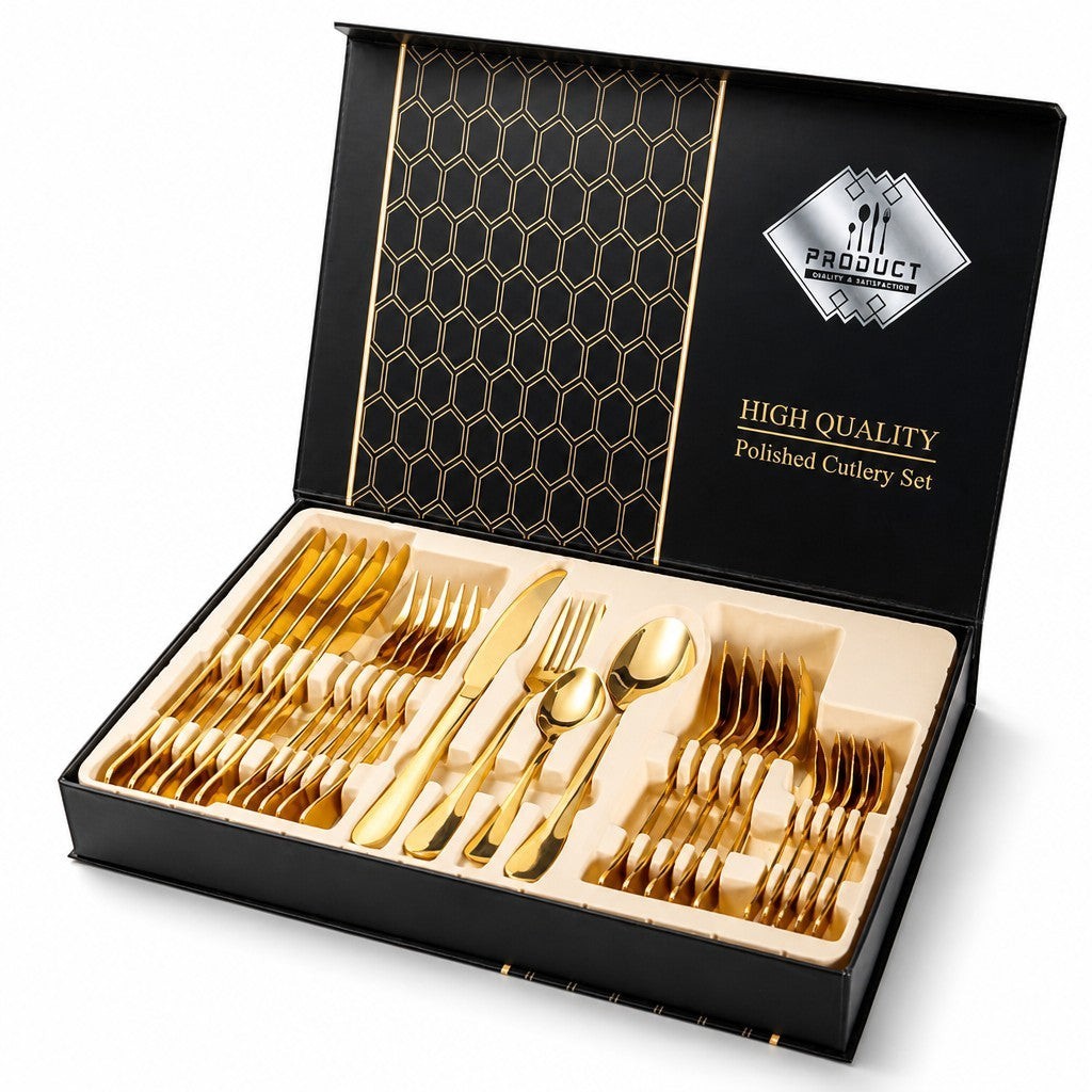 Juego de cubiertos Castor UP de 24 piezas en acero inoxidable con acabado dorado pulido en caja de regalo de lujo