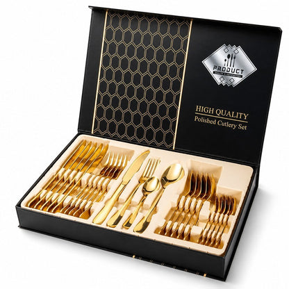Juego de cubiertos Castor UP de 24 piezas en acero inoxidable con acabado dorado pulido en caja de regalo de lujo