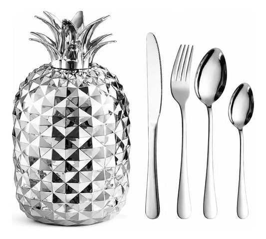Juego de cubiertos Castor UP de acero inoxidable con contenedor decorativo plateado en forma de piña facetada