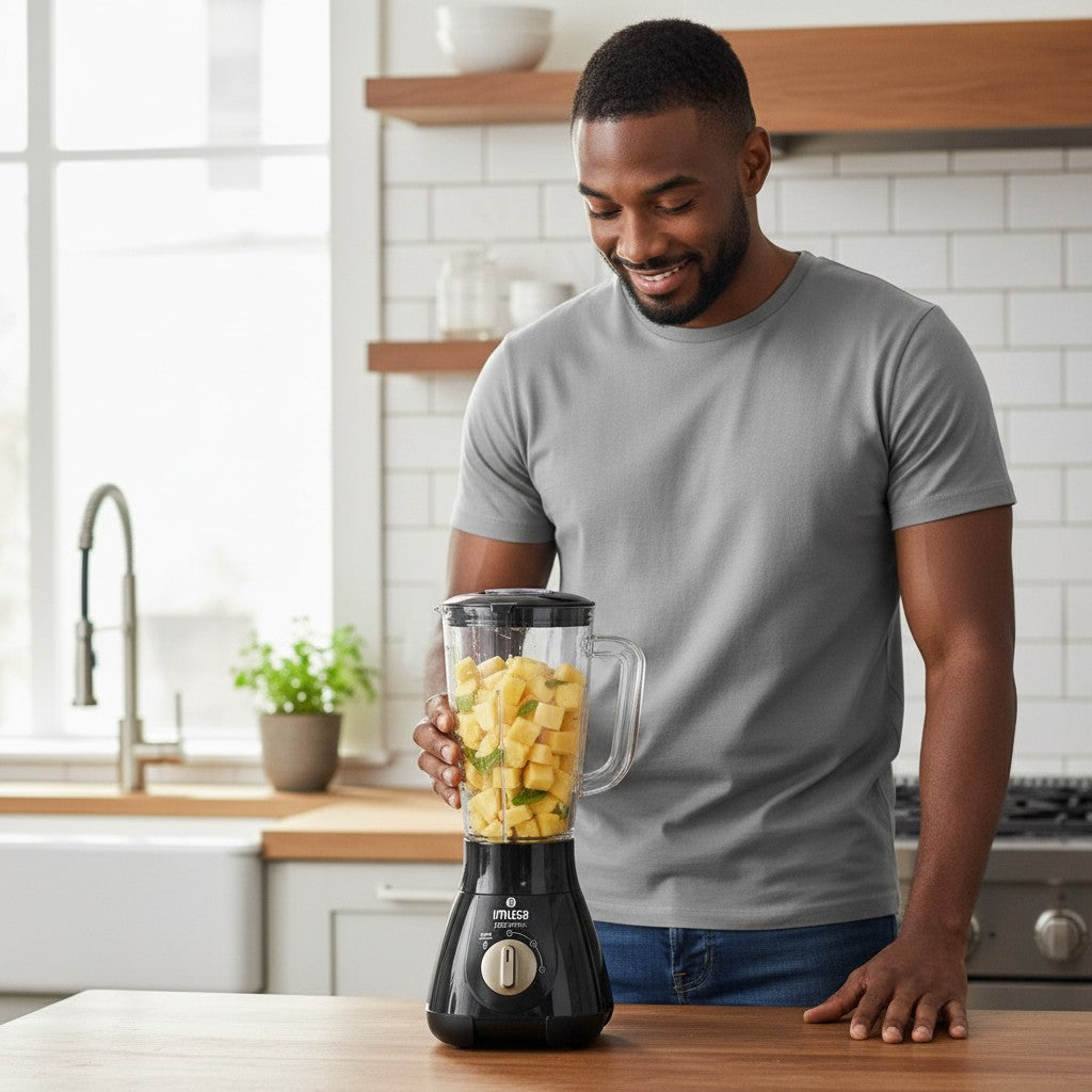 Hombre sonriente usando licuadora negra Imusa Powermix de Castor UP para preparar batidos en una cocina moderna.
