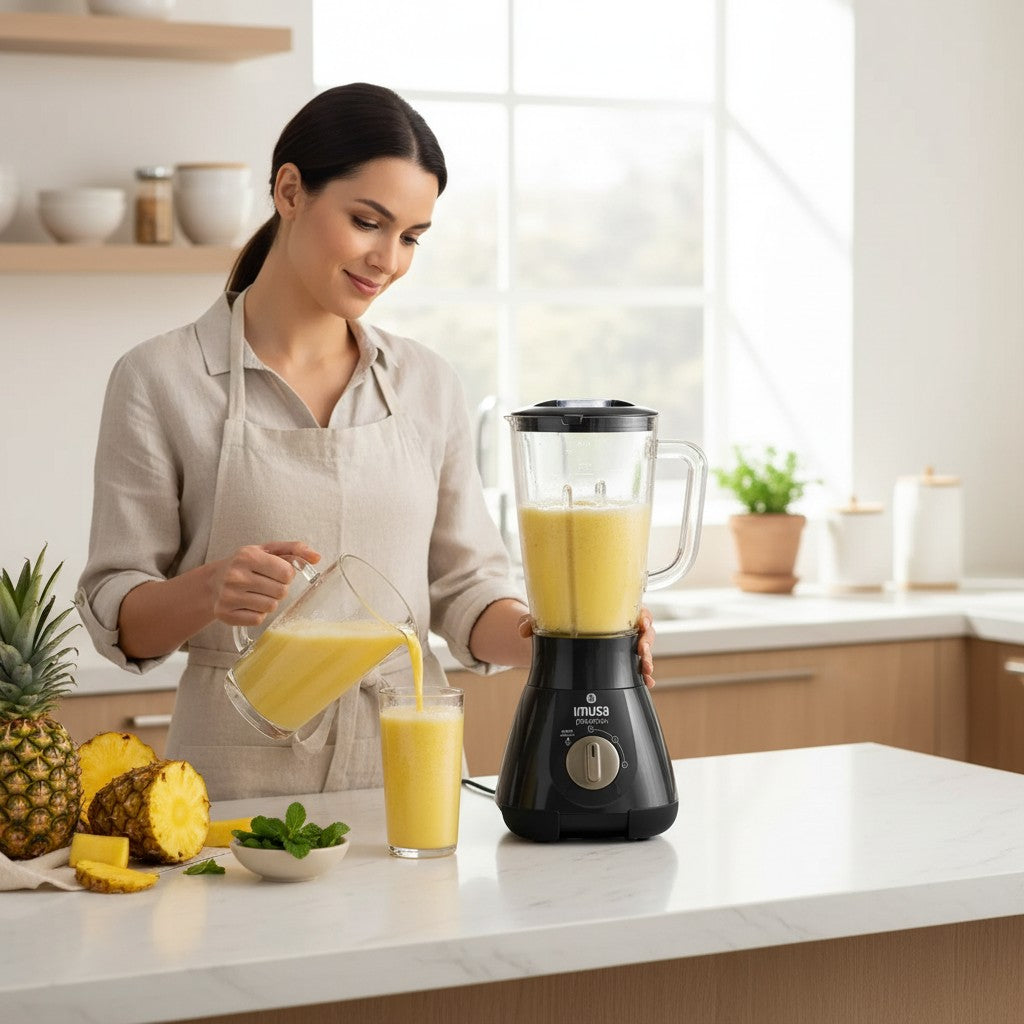 Mujer preparando batido de piña con licuadora Imusa Powermix negra en cocina moderna de Castor UP