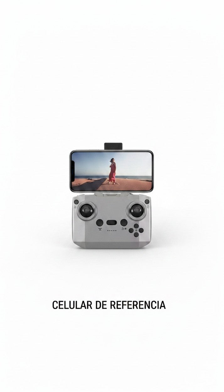 Mando de control remoto gris Castor UP con smartphone acoplado mostrando transmisión de video en tiempo real