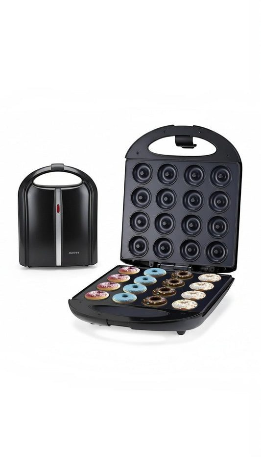 Máquina eléctrica Castor UP Donera x16 para 16 mini donas con superficie antiadherente negra y donas decoradas