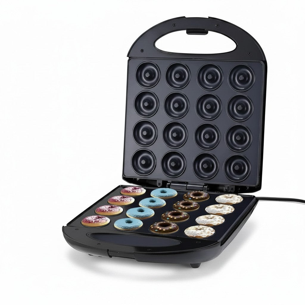 Máquina eléctrica Castor UP Donera x16 negra con 16 mini donas decoradas sobre superficie antiadherente