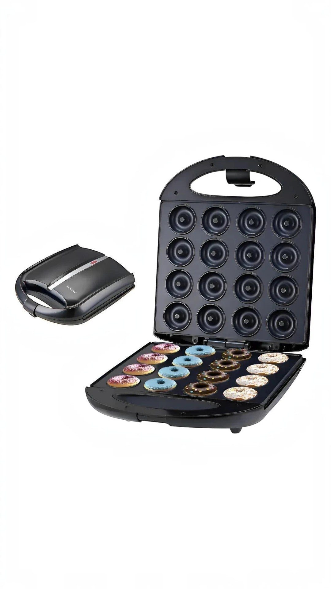 Máquina eléctrica Castor UP Donera x16 para 16 mini donas con superficie antiadherente negra y donas decoradas