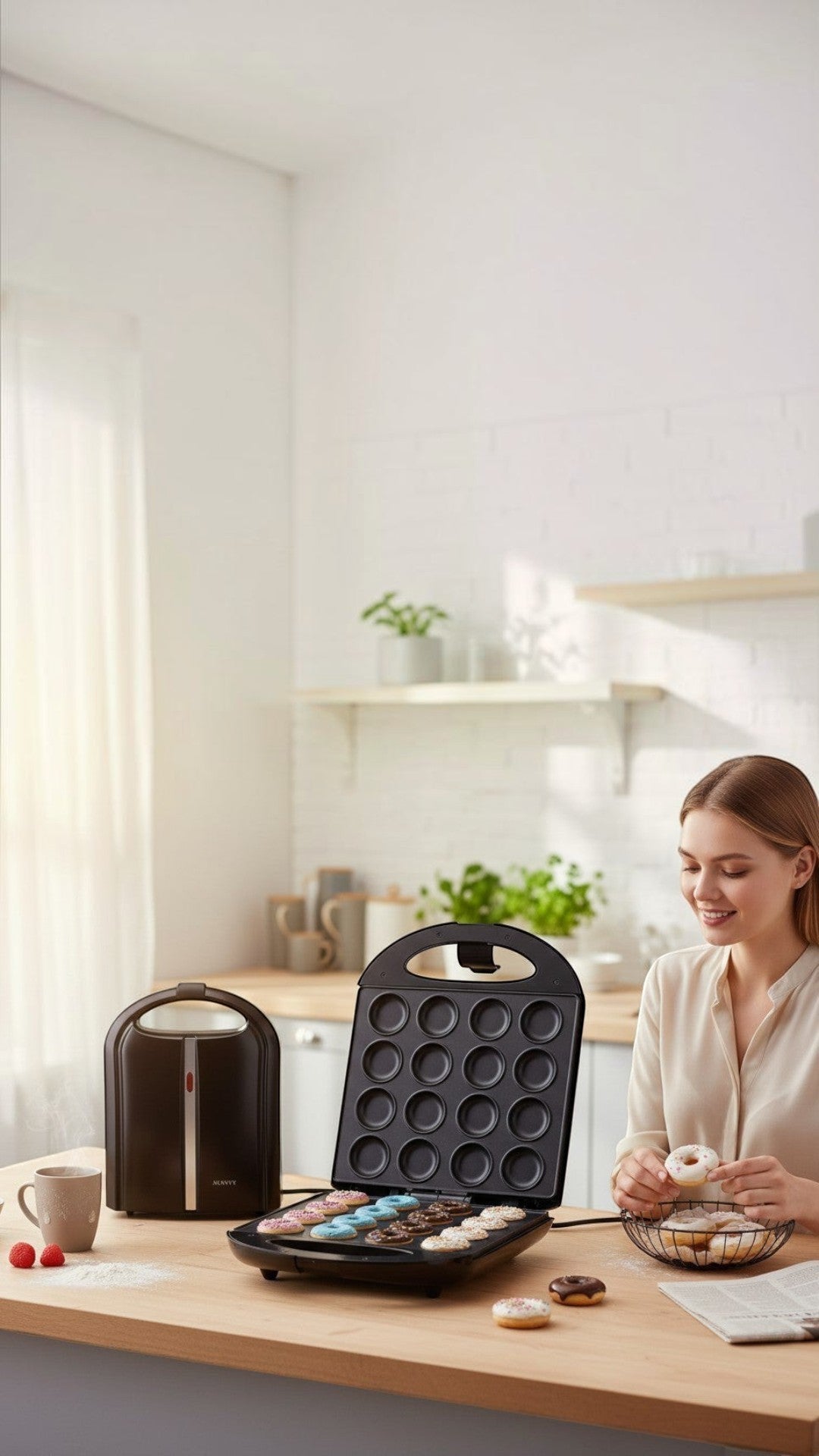 Mujer sonriente decorando mini donas recién hechas con la máquina eléctrica Castor UP Donera x16 en una cocina moderna.